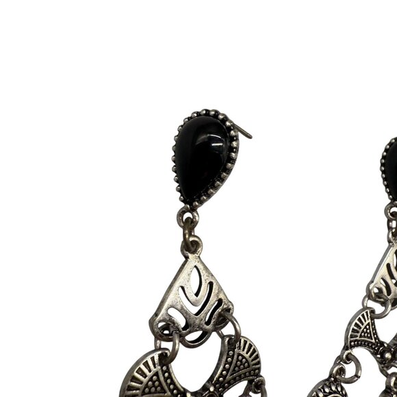 Faux Black Onyx Textured Dangle Drop Pierced Earrings Silver Tone Bohemian - Picture 3 of 5